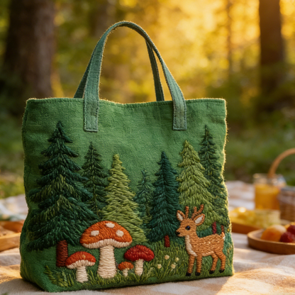 Calm Woodland Pine-Fawn Quilted Tote Bag