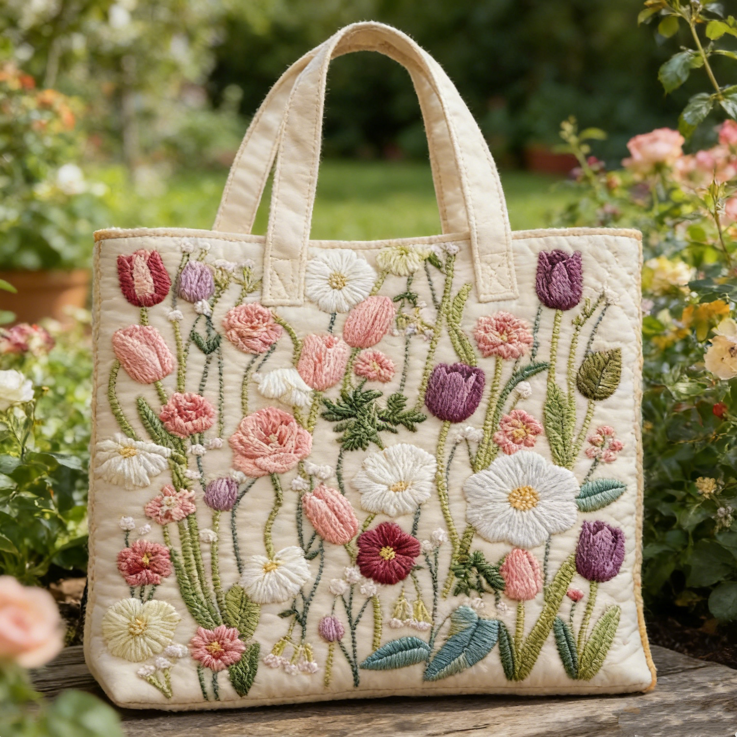 Stitched Flower Garden Tote Bag: Fresh Quilted Style for Your Outdoor Days Quilted Tote Bag