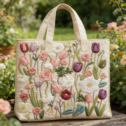 Stitched Flower Garden Tote Bag: Fresh Quilted Style for Your Outdoor Days Quilted Tote Bag