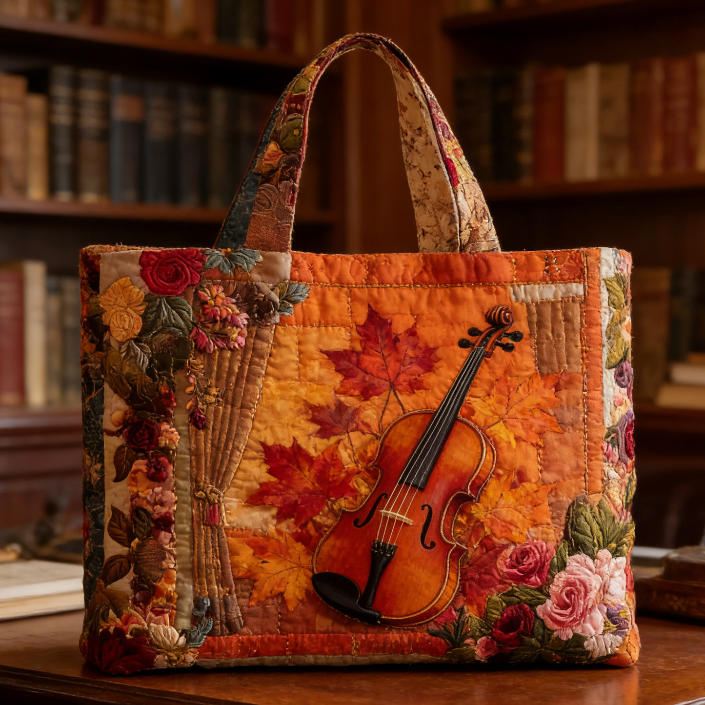 Fall Themed Violin Quilted Tote Bag