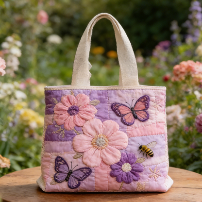 Pastel Floral & Butterfly Quilted Tote Bag