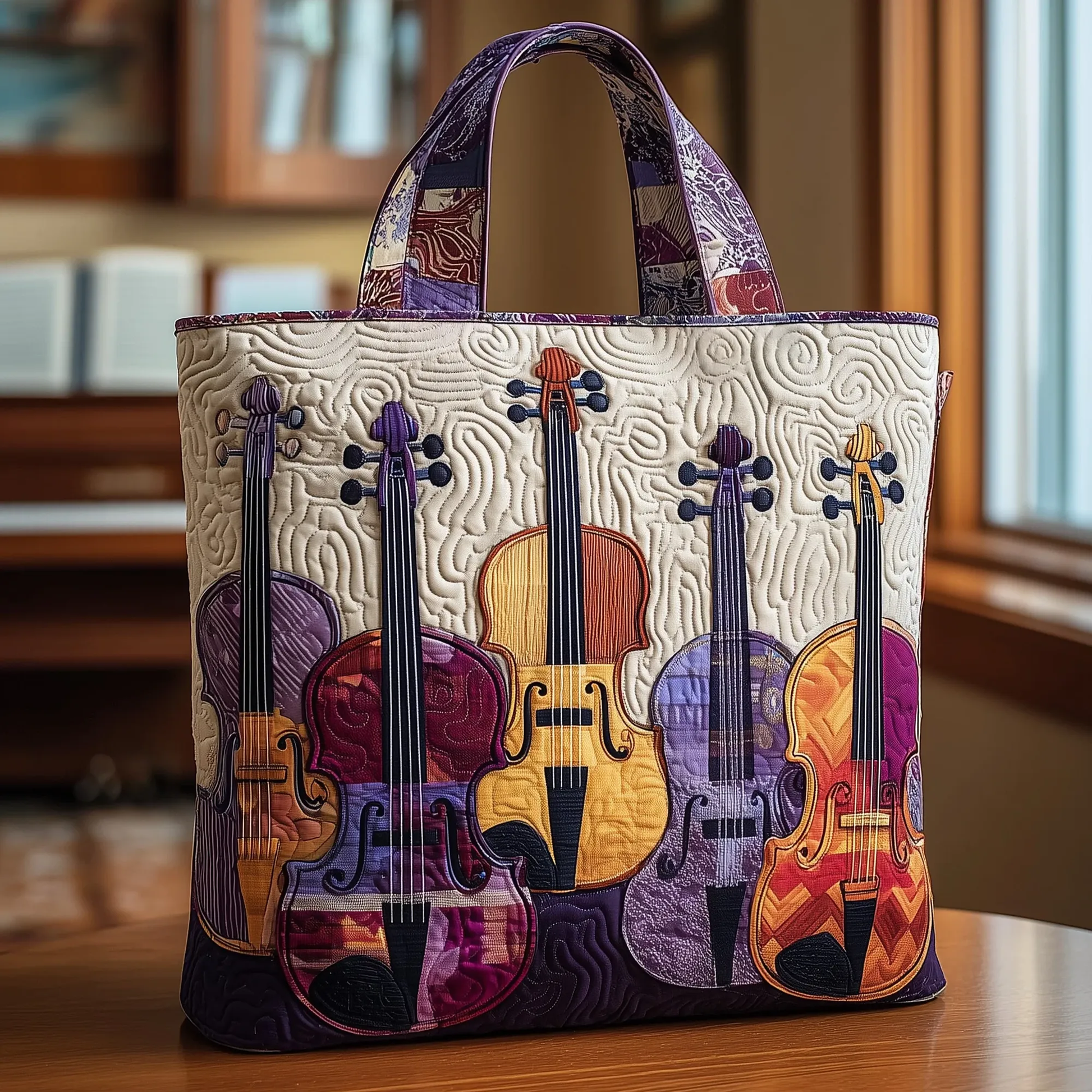 Elegant Violin Quilted Tote Bag Featured