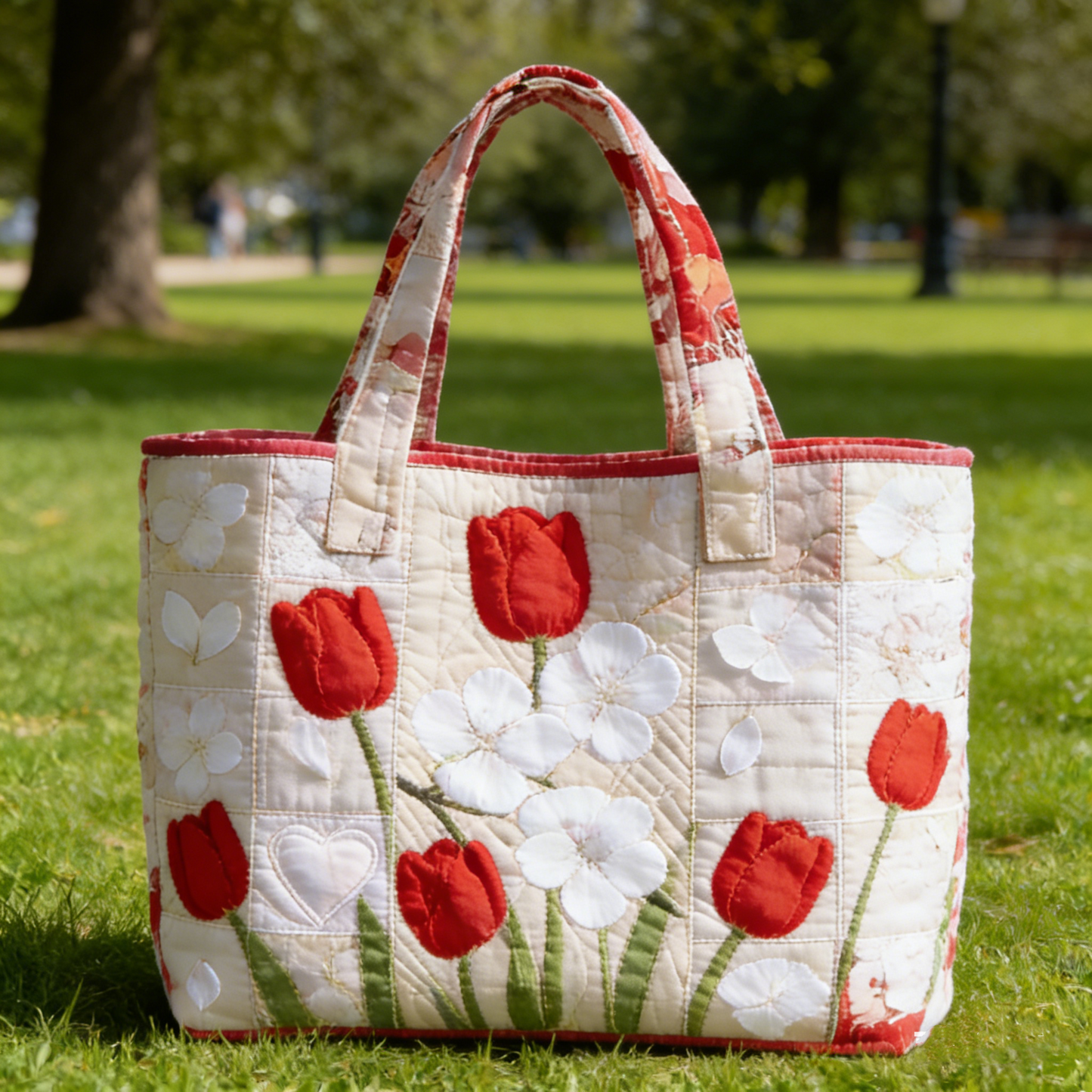 Red Tulip & Heart lxnh8470 Quilted Tote Bag