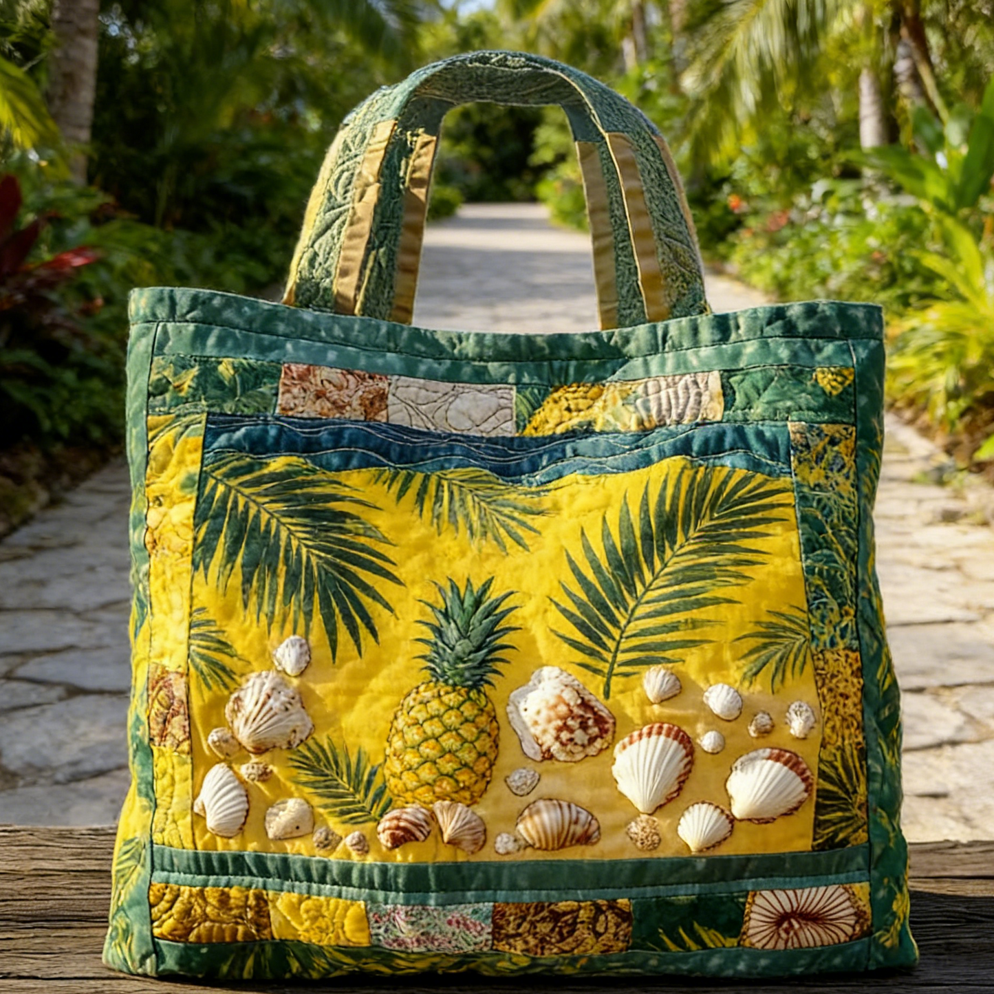Green-Yellow Pineapple Quilted Tote Bag
