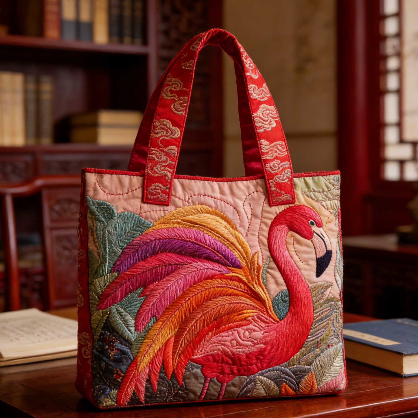 Cultural Flamingo with Cloud Embroidery Canvas Tote Bag