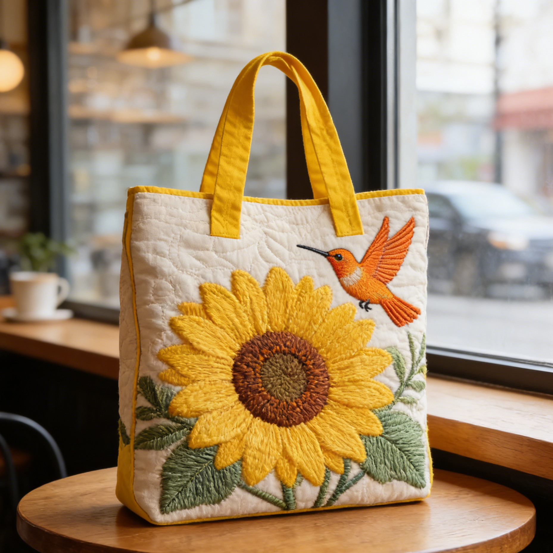 Sunflower Hummingbird Quilted Tote Bag