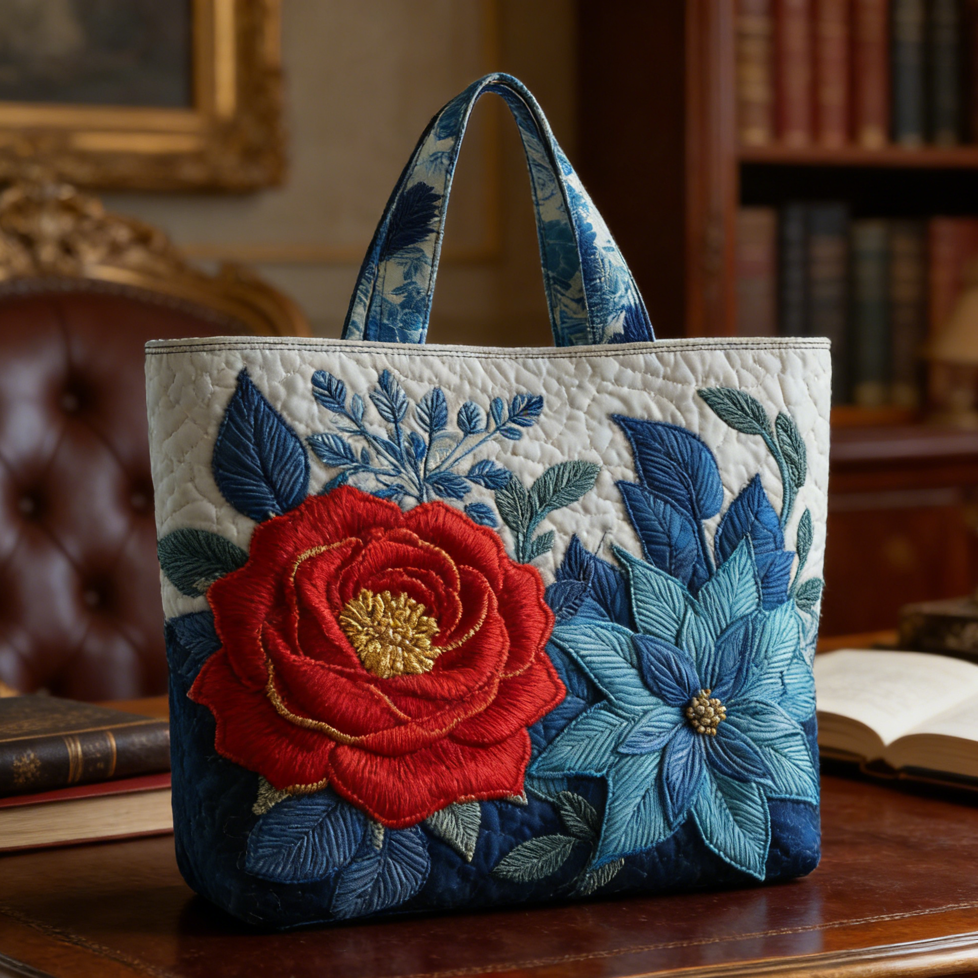 Red Rose & Blue Floral Quilted Tote Bag
