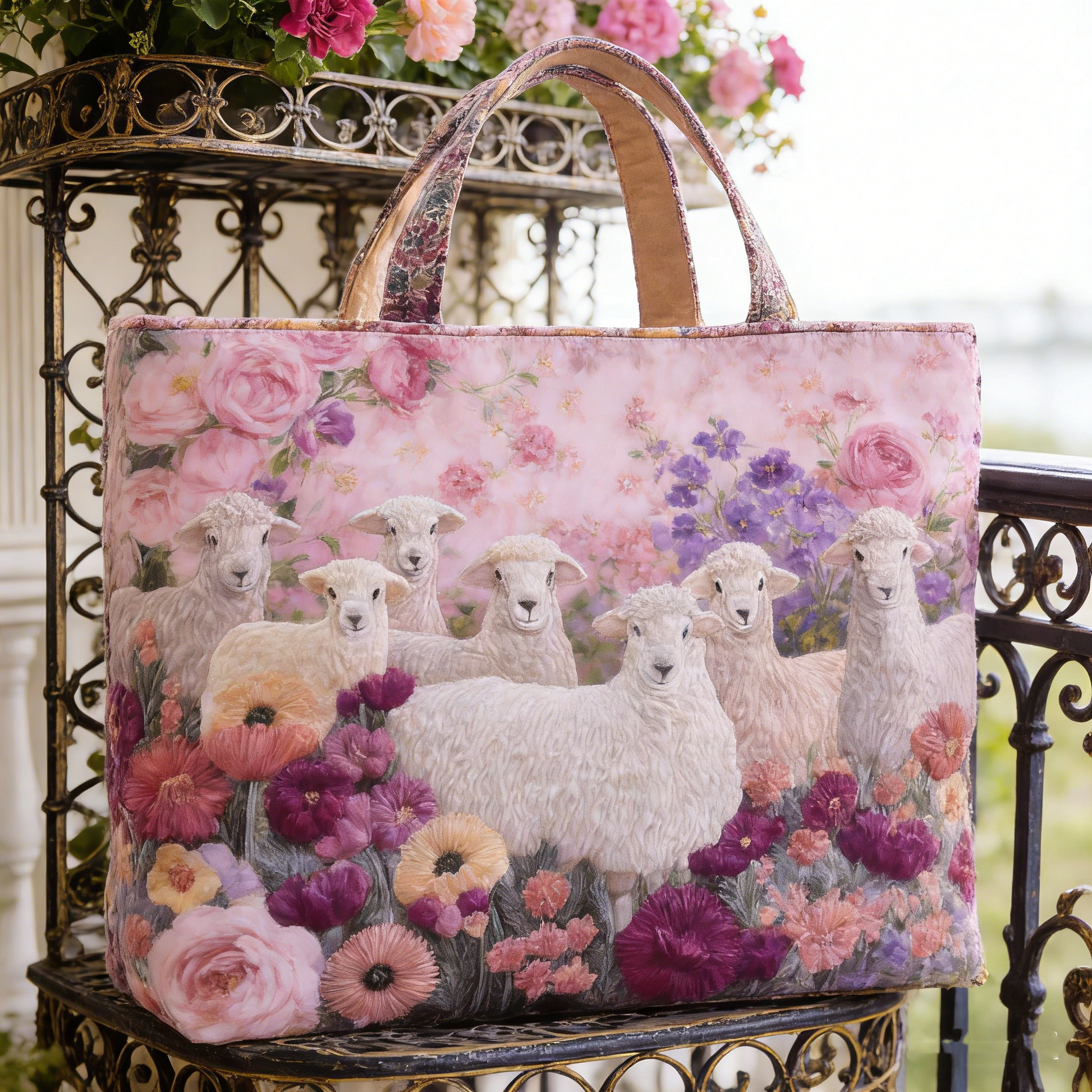 Fluffy Sheep & Floral Quilted Tote Bag