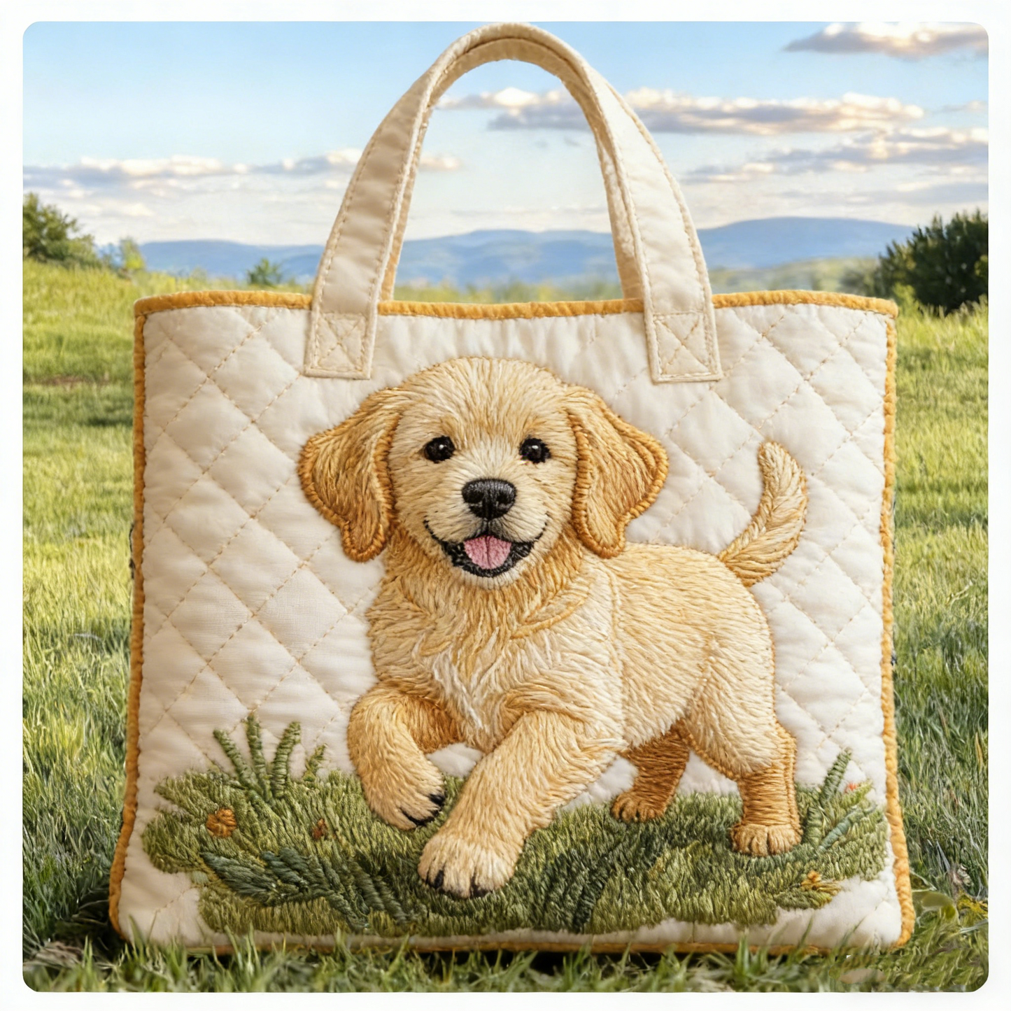 Stitched Golden Puppy Quilted Tote Bag: Fresh Outdoor Vibes for Your Daily Carry