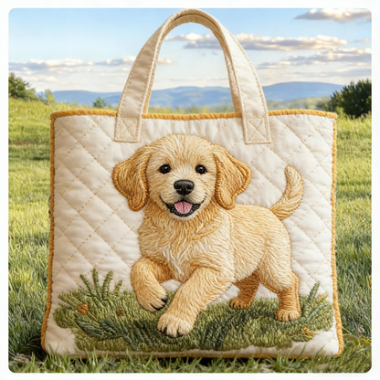 Stitched Golden Puppy : Fresh Outdoor Vibes for Your Daily Carry Quilted Tote Bag