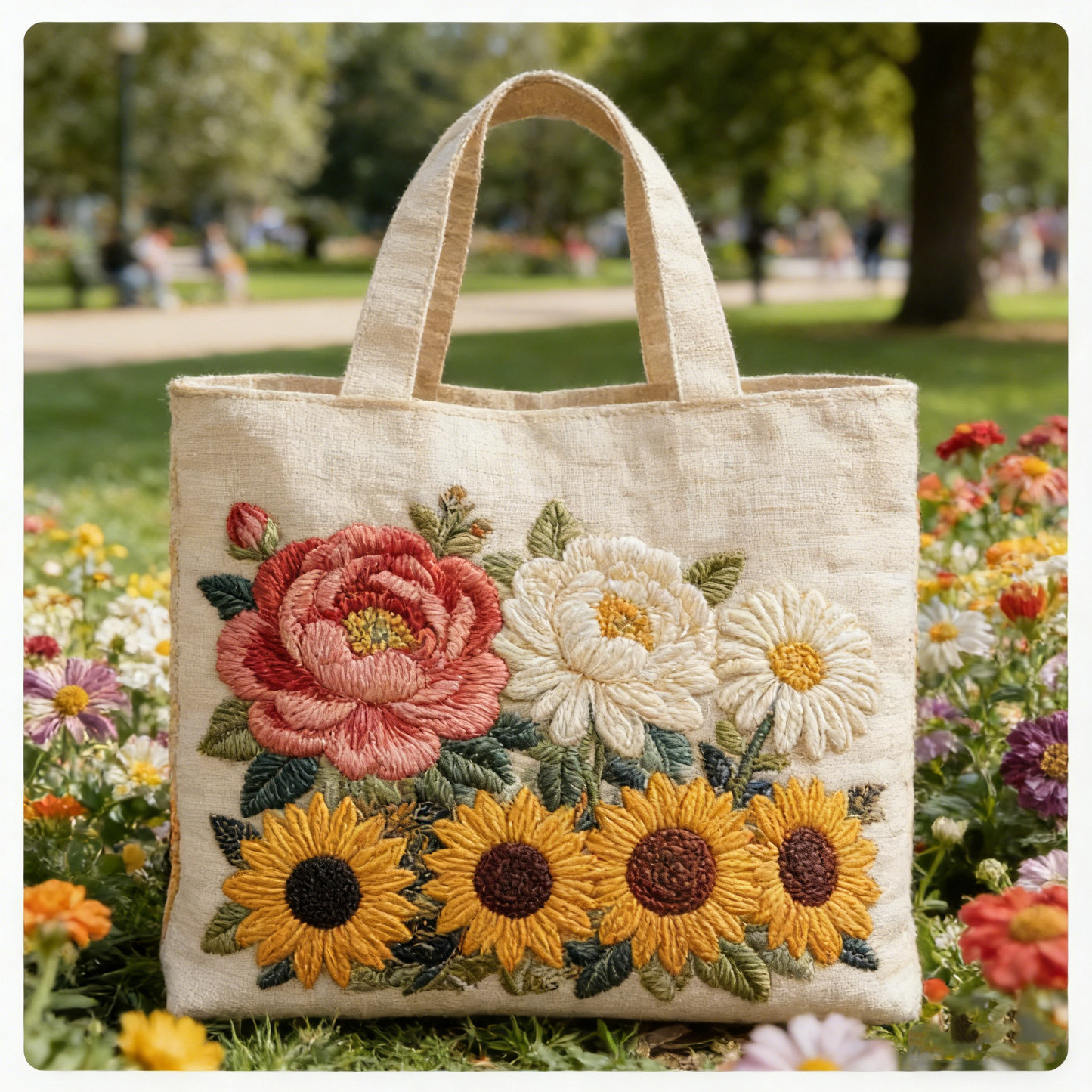 Stitched Floral Bouquet : Soft Linen Style with Bright Sunflowers & Peonies Quilted Tote Bag
