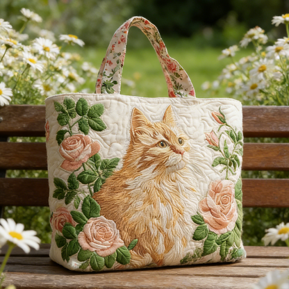 Ginger Cat & Rose Quilted Tote Bag
