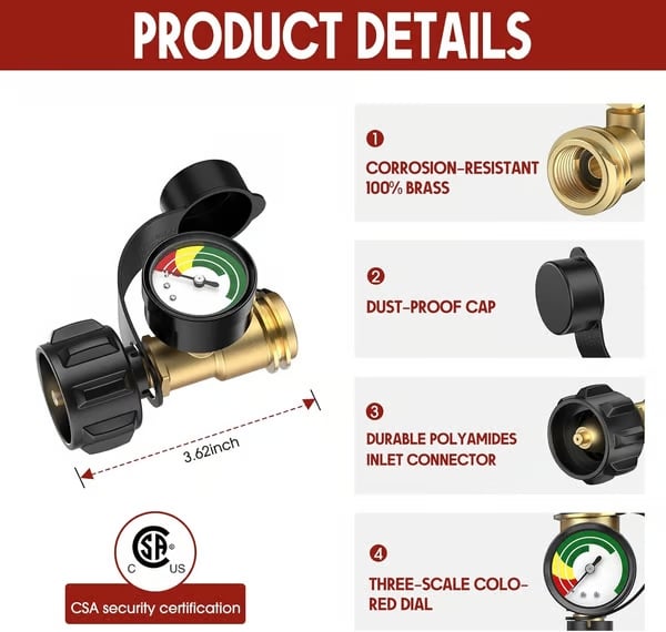 Universal Propane Tank Gauge for 5-40 Pound LP Tanks | Gas Level Indicator for Grill, Heater, RV Camper, QCC1/Type 1 Con 6