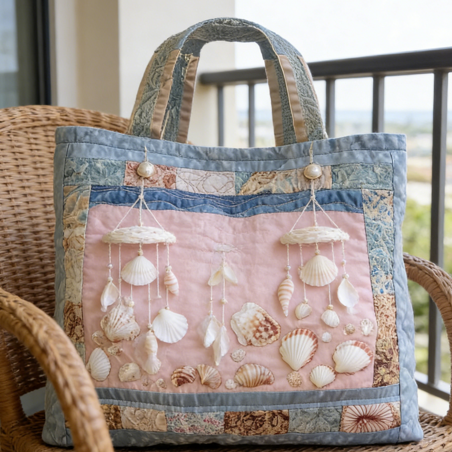 Pale Blue Shell Chime Quilted Tote Bag