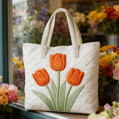 Orange Tulip Quilted Tote Bag