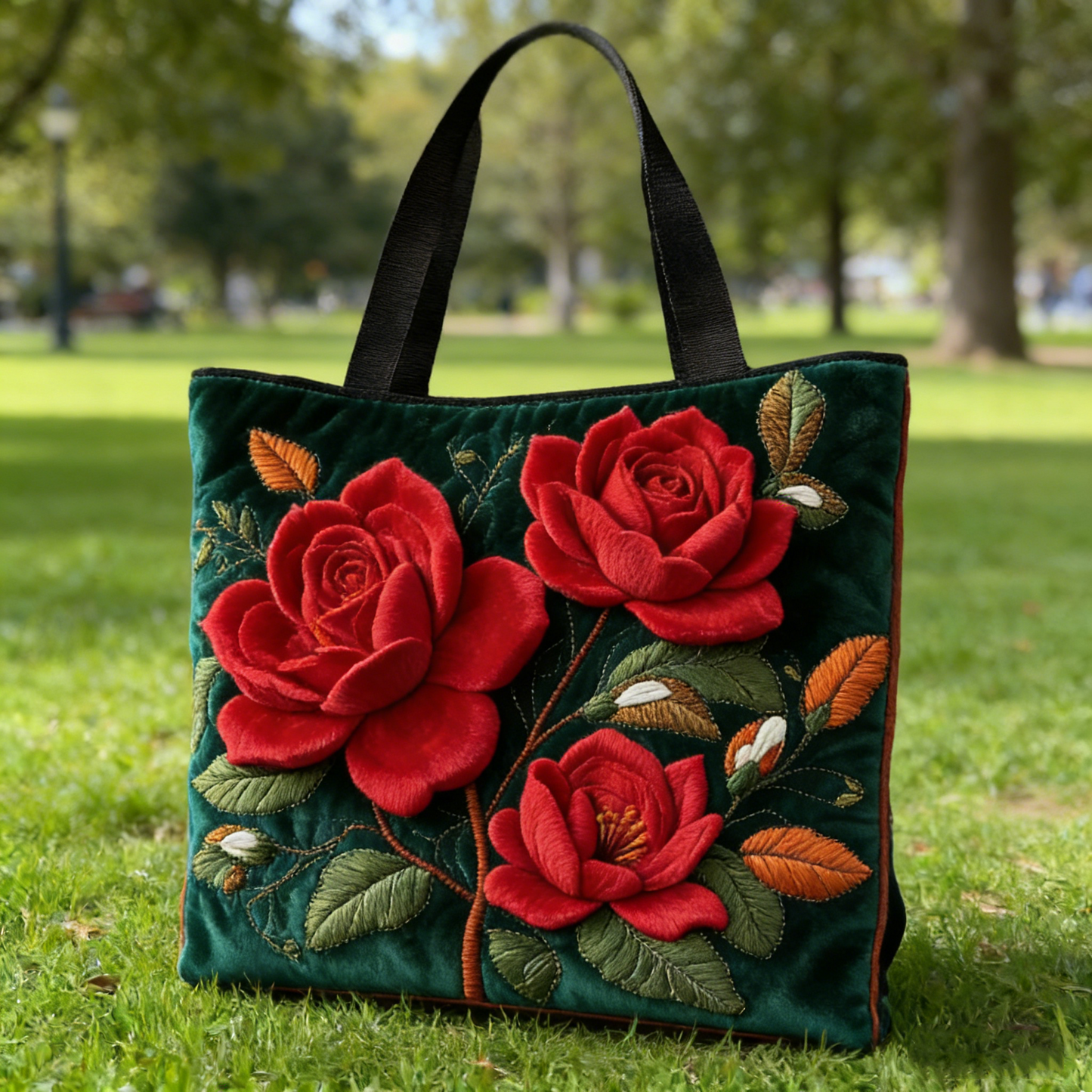 Emerald & Red Rose Quilted Tote Bag