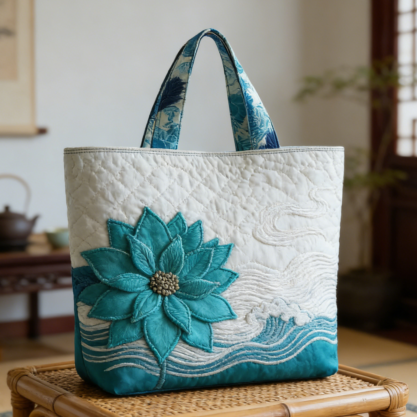 Lotus & Wave Quilted Tote Bag