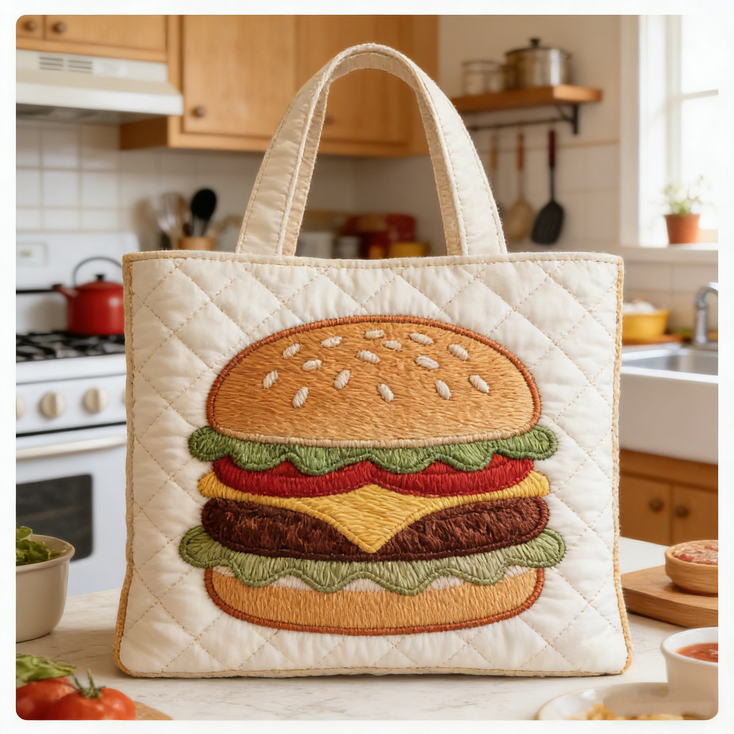 Quilted Burger Embroidery Tote Bag: Carry the Fun of Delicious Bites Daily Quilted Tote Bag