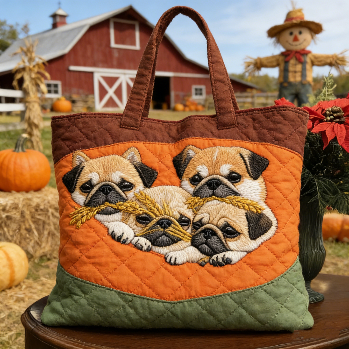 Fall Farm Cute Embroidery Canvas Tote Bag