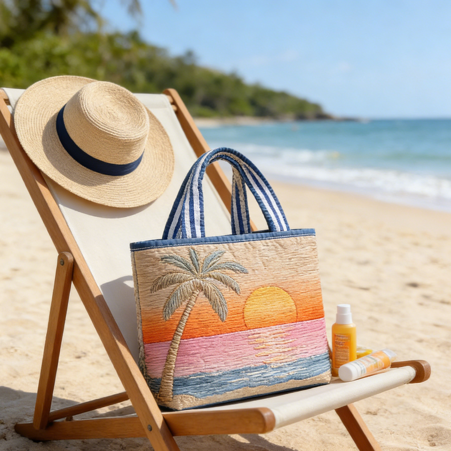 Quilted Beach Sunset Palm Tote Bag Quilted Tote Bag