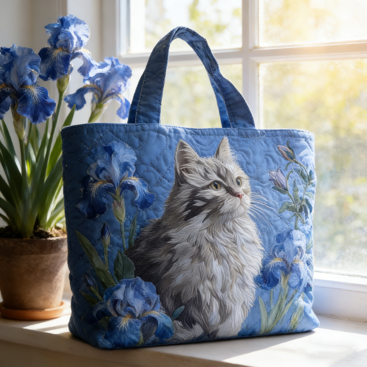 Silver Cat & Blue Iris Quilted Tote Bag