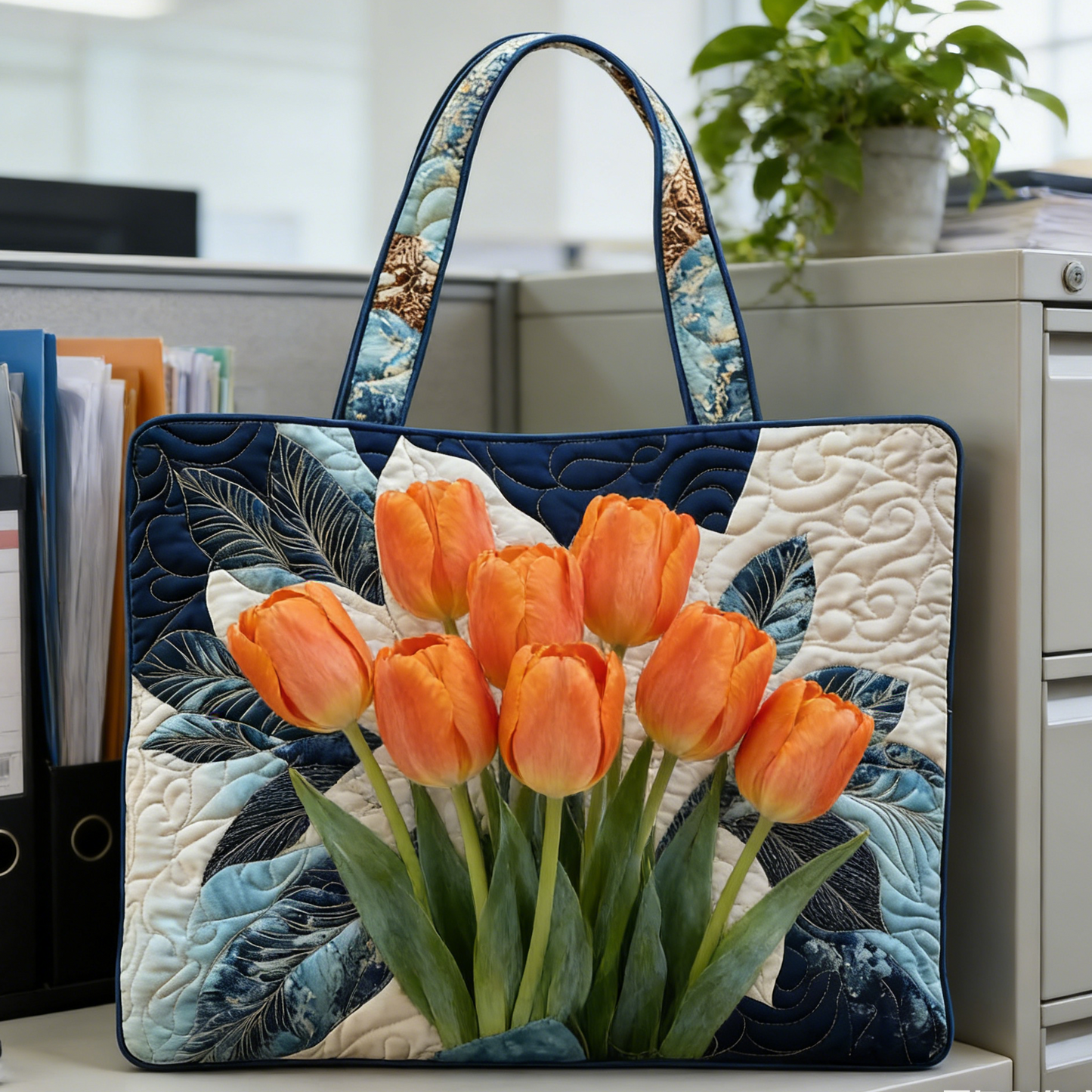 Orange Tulip Quilted Tote Bag