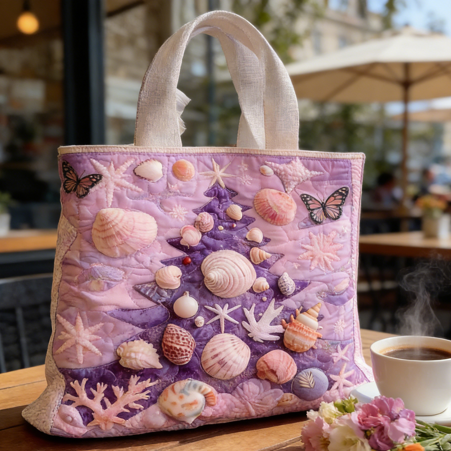 Pastel Seashell Christmas Tree Quilted Tote Bag