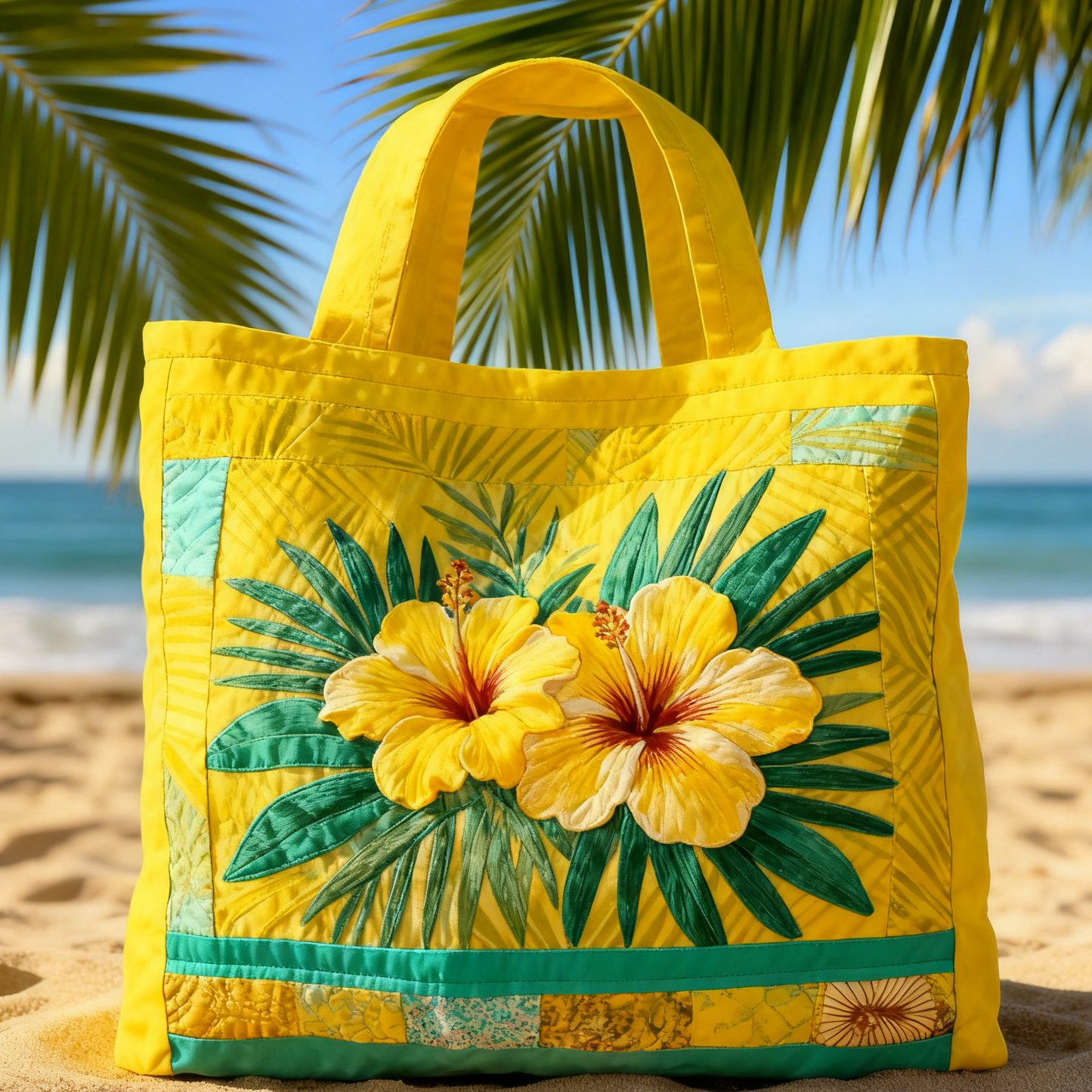 Sunny Yellow Hibiscus Quilted Tote Bag