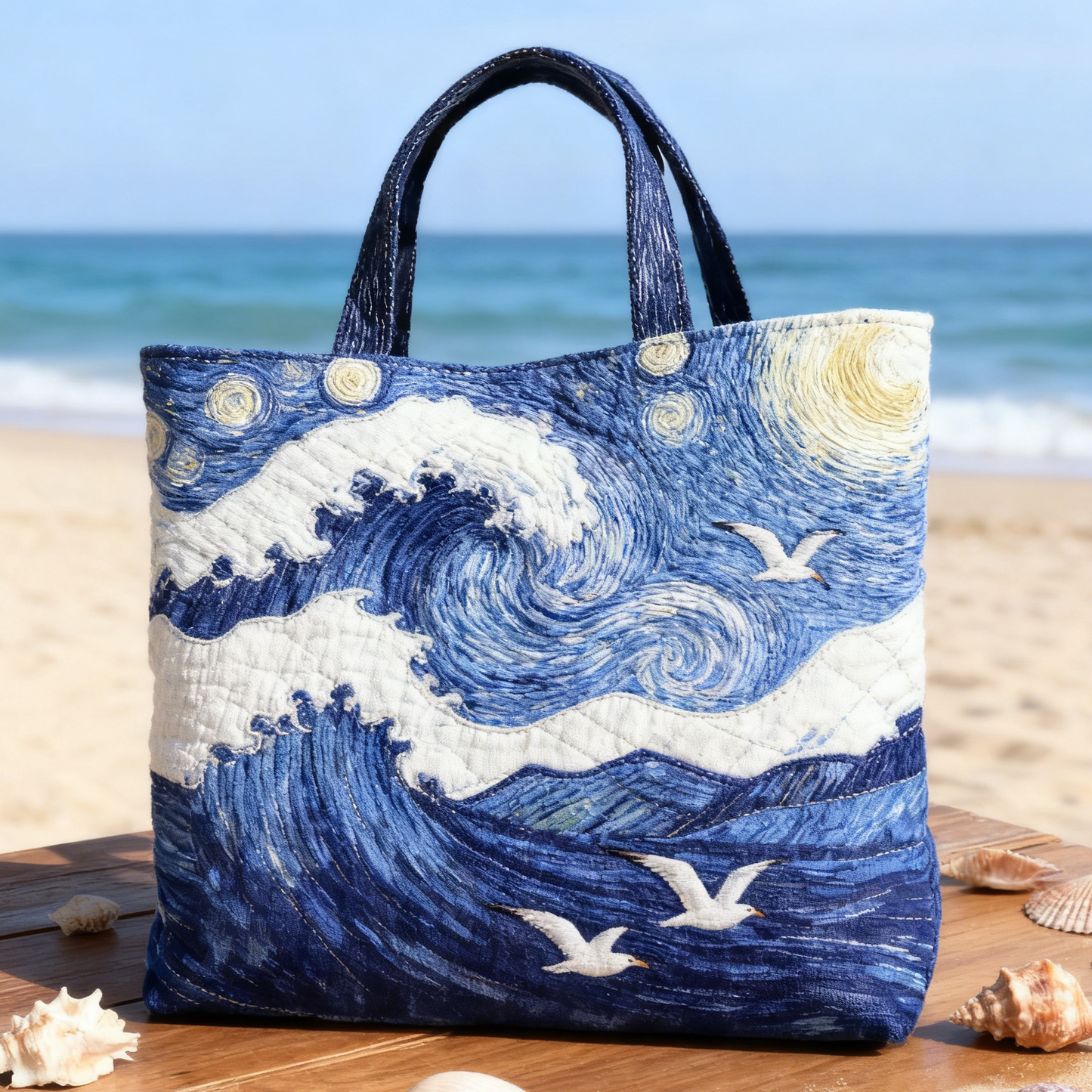 Embroidered Starry Night Wave Canvas Tote Bag