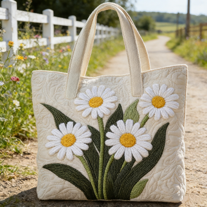 White Daisy Quilted Tote Bag