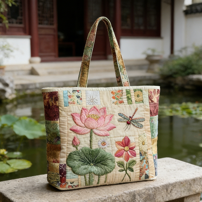 Lotus & Dragonfly Quilted Tote Bag