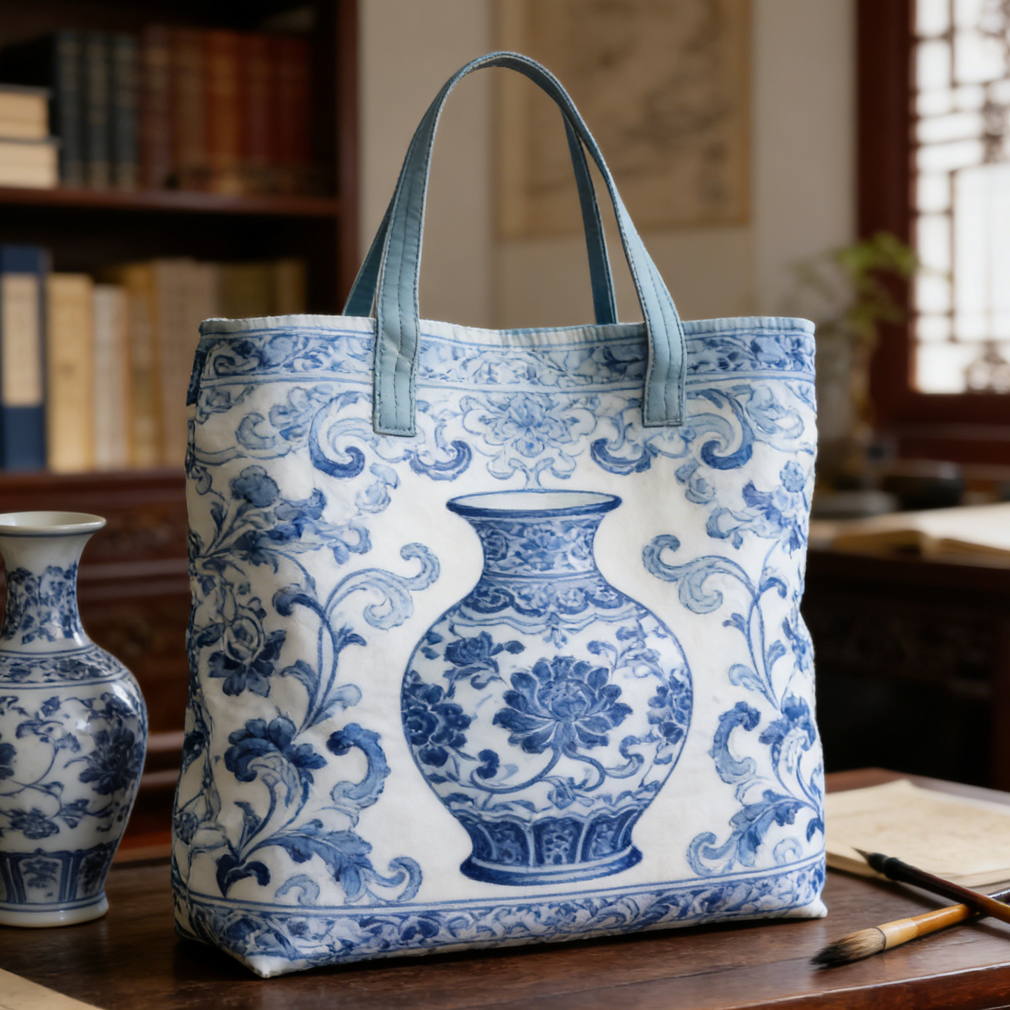 Blue and White Porcelain Quilted Tote Bag