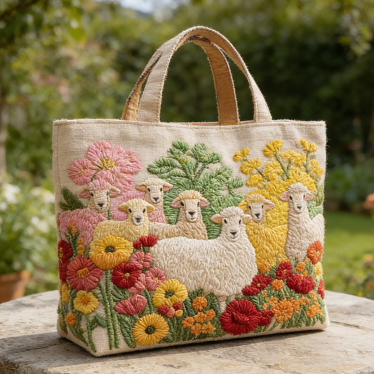 Sheep-Wildflower Quilted Tote Bag
