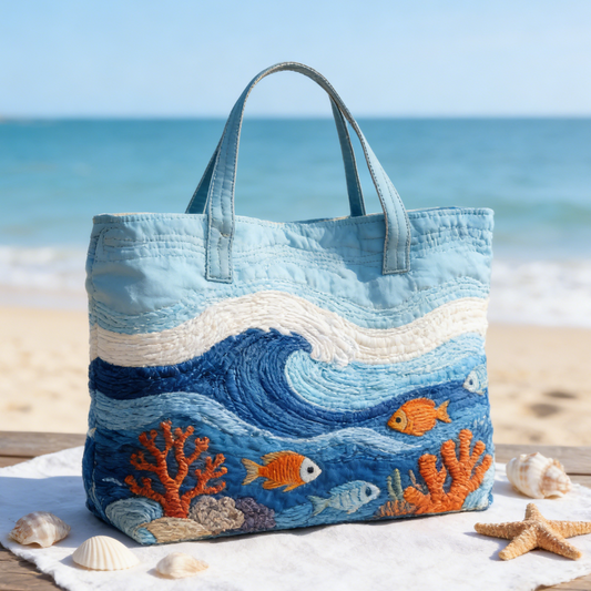 Seaside Wave & Coral Fish Quilted Tote Bag