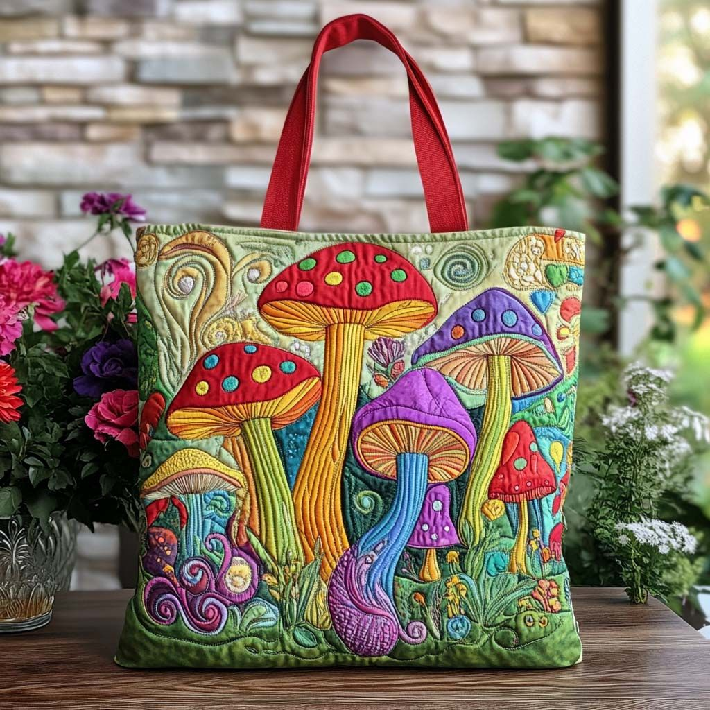 Shroom Meadow Quilted Tote Bag NCUoNT9243  botanical print