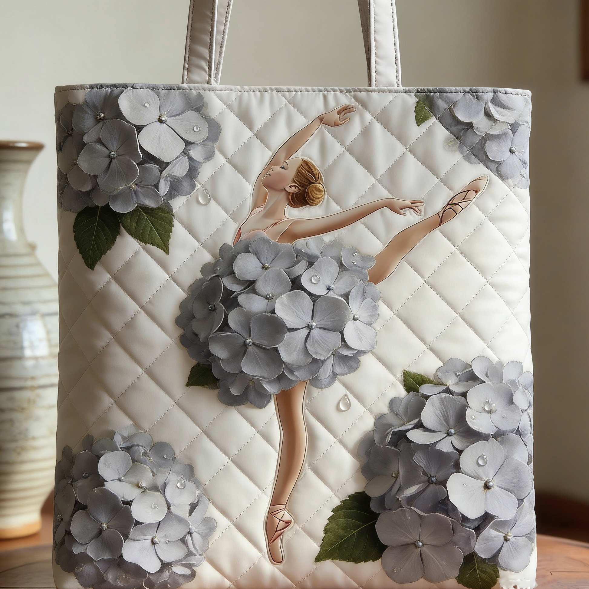 Lilac Hydrangea & Ballerina Quilted Tote Bag