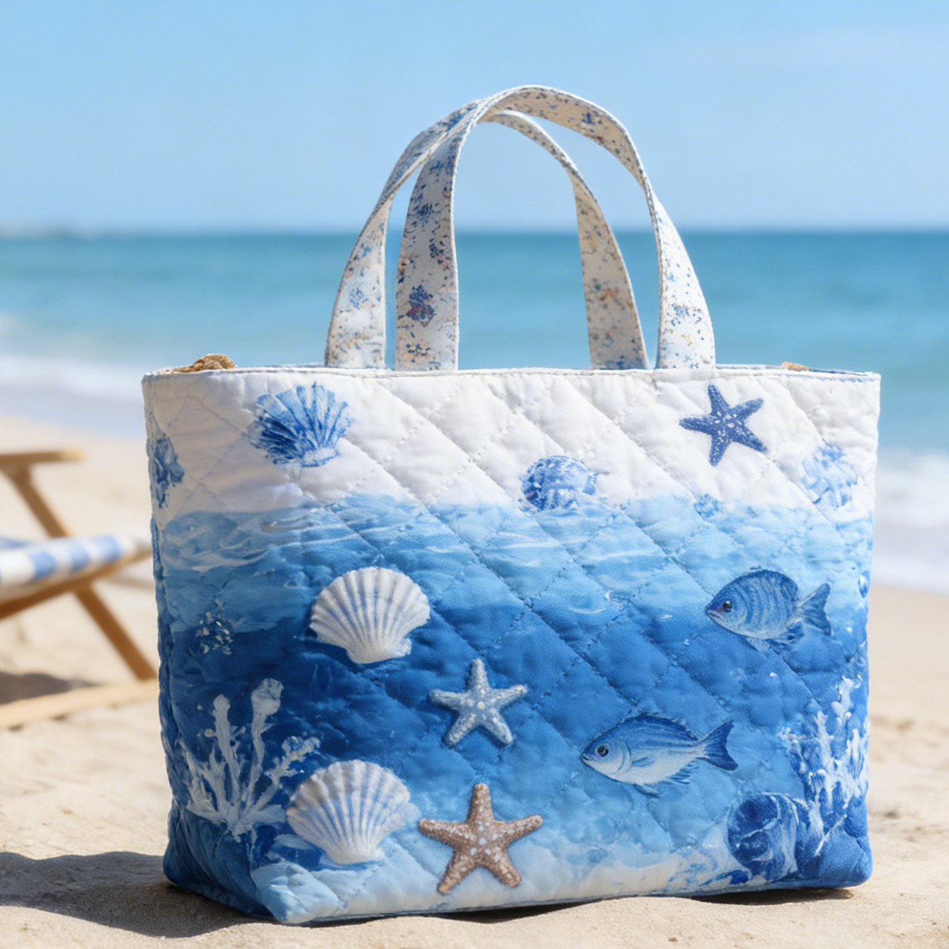 Blue White Ocean Quilted Tote Bag