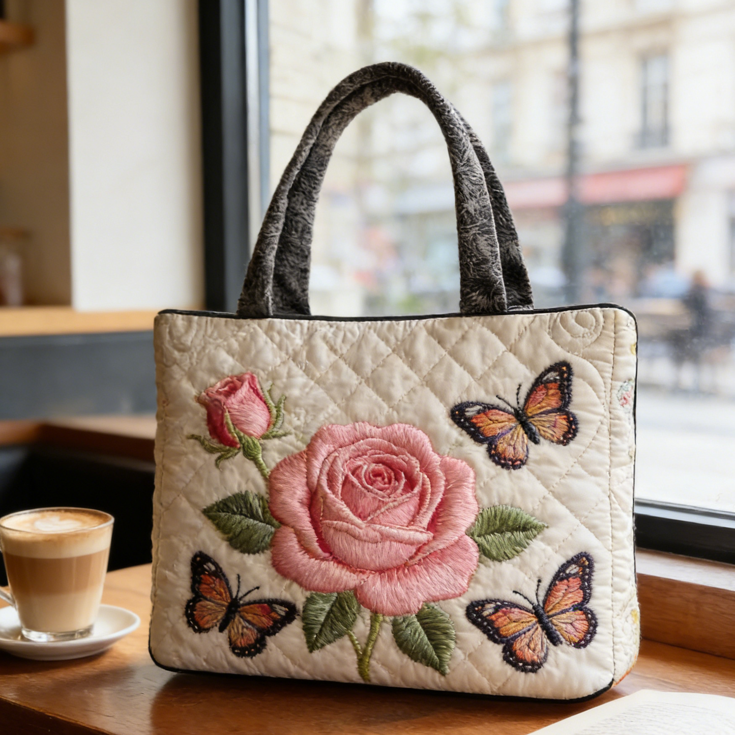 Gentle Rose & Butterfly Quilted Tote Bag