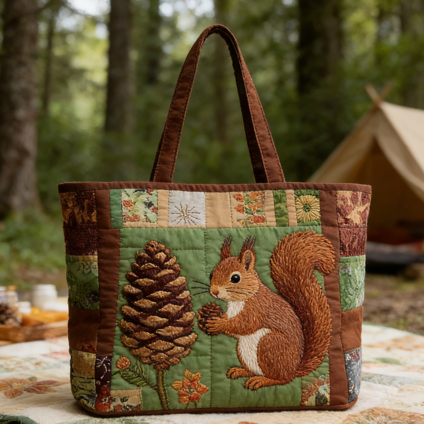 Squirrel & Pinecone Quilted Tote Bag