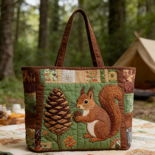 Squirrel & Pinecone Quilted Tote Bag