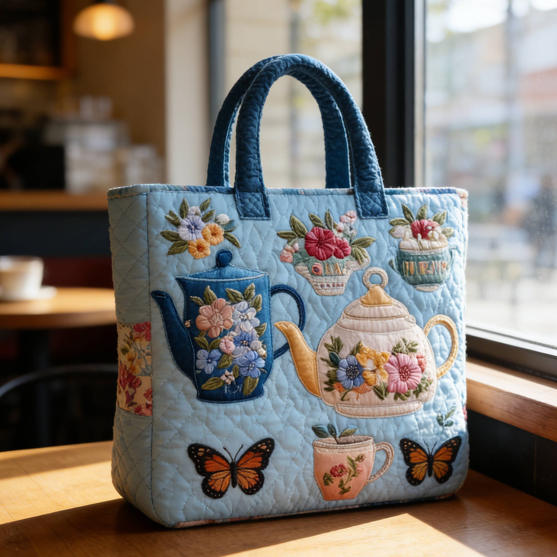 Light Blue & Tea Set Quilted Tote Bag