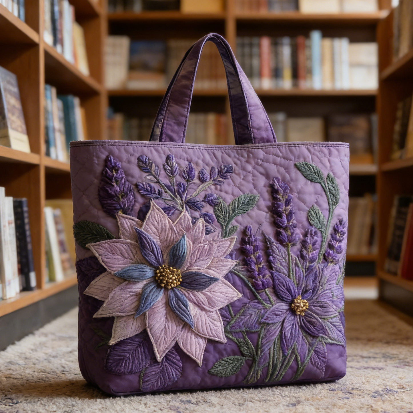 Purple Floral Quilted Tote Bag