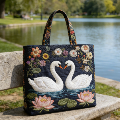 Swan-Flower Quilted Tote Bag