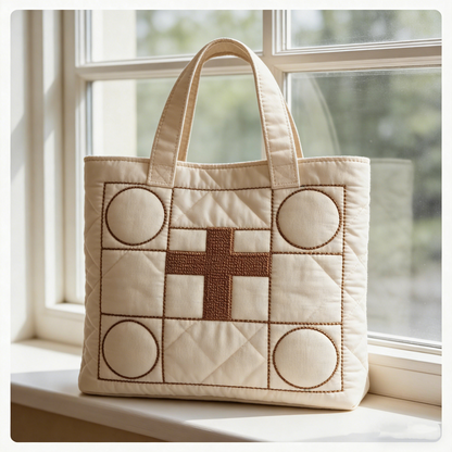 Quilted Checkerboard & Cross Tote bag: Minimalist Embroidered Style for Daily Carry