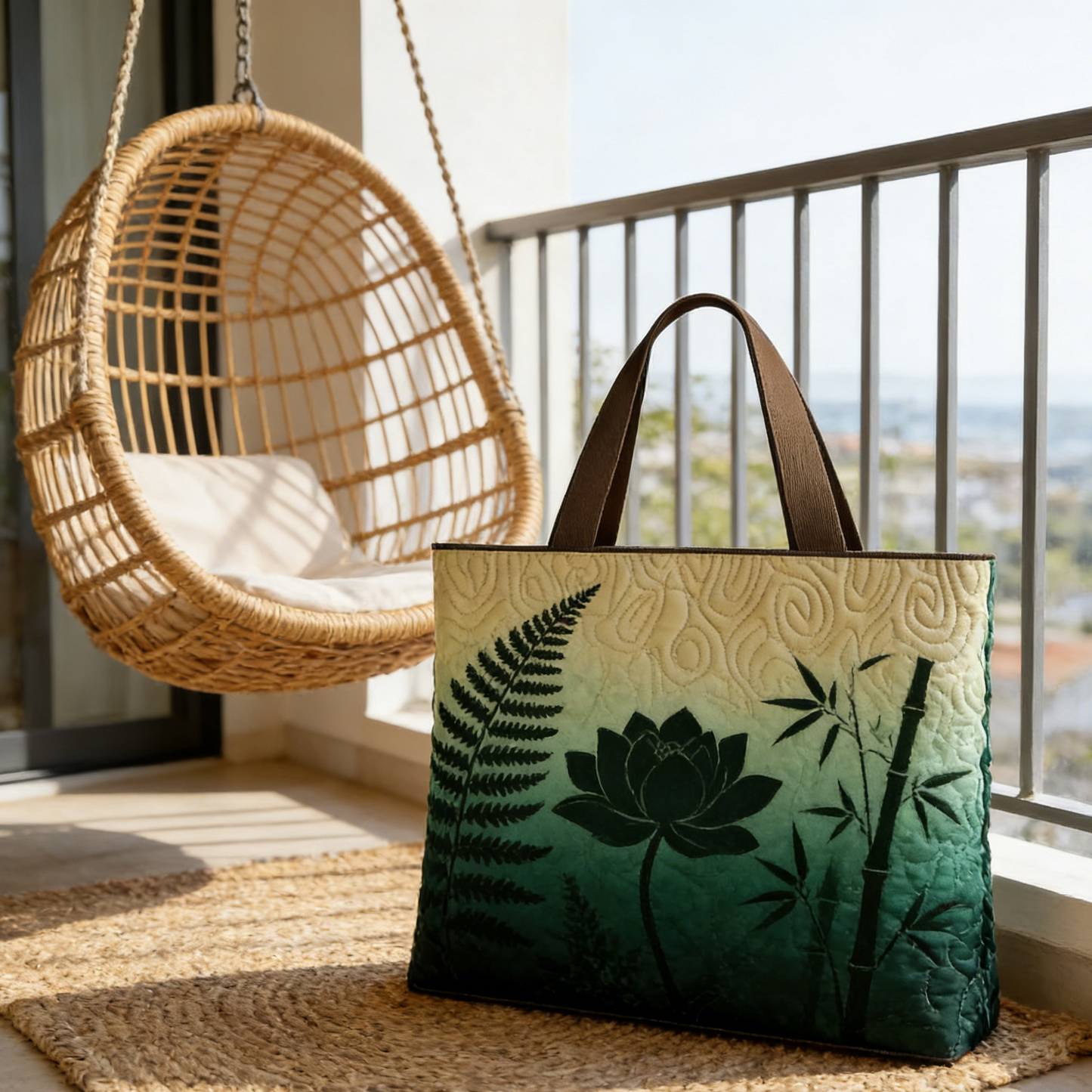 Stitched Fern & Lotus Quilted Tote Bag