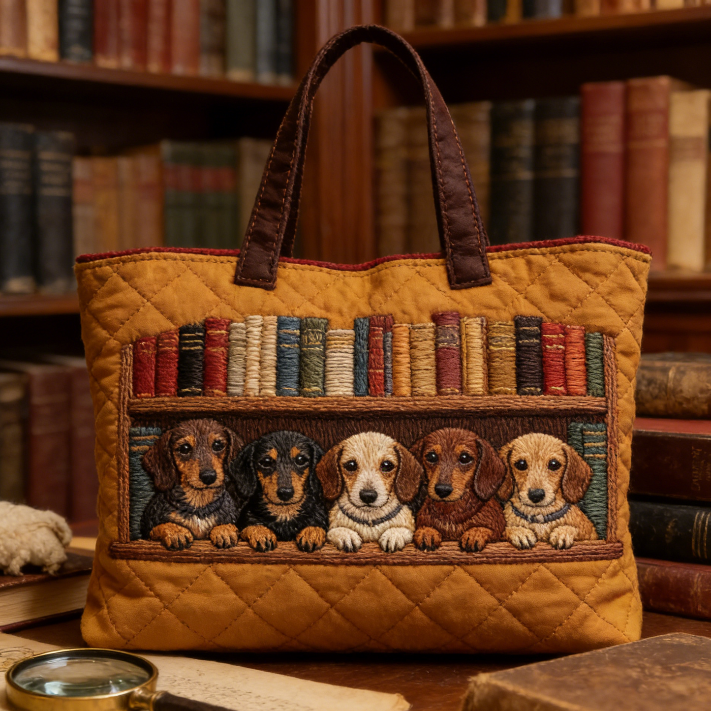 Book Shelf Dachshund Quilted Tote Bag