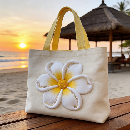 Coastal Floral Embroidery Tote Bag