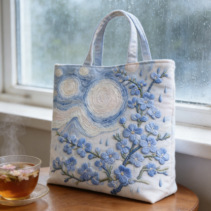 Night Blue Blossom Quilted Tote Bag