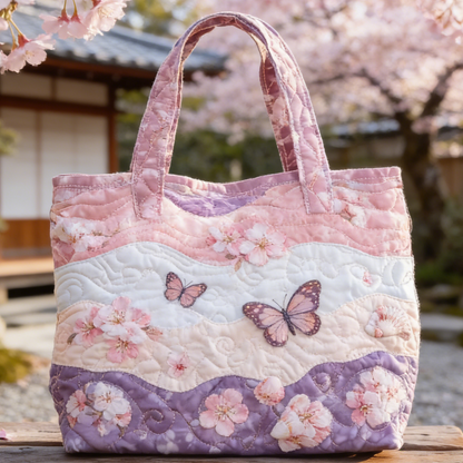 Cherry Blossom & Butterfly Quilted Tote Bag