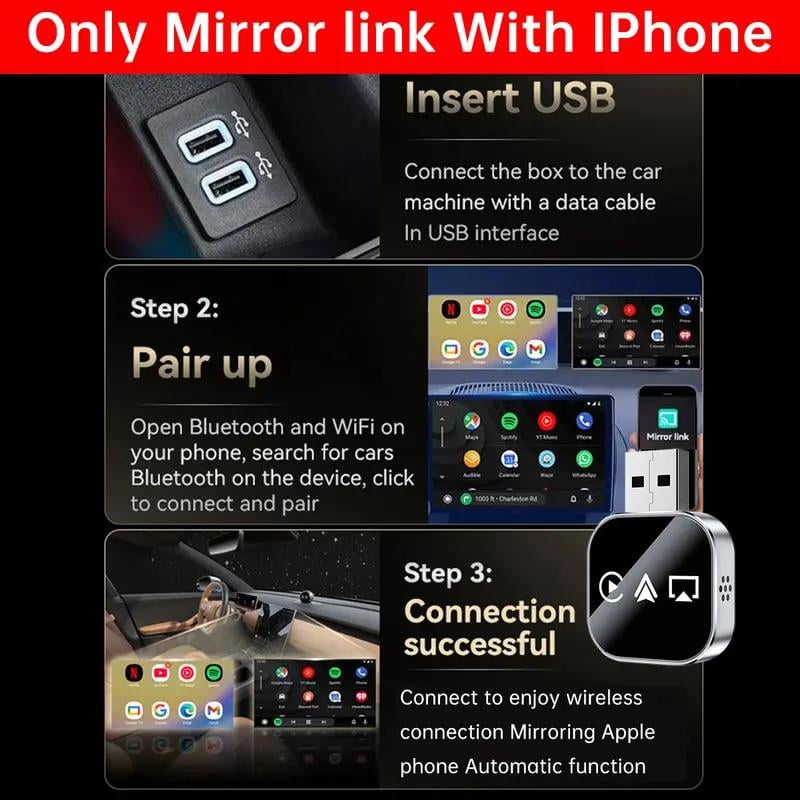 2026 Upgrade 3 in 1 Screen Mirror iOS Phone, wired to wireless Carplay adapter 5